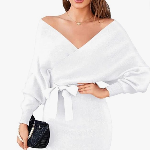 Women's Sweater Dress Sexy V Neck Long Sleeve Backless Wrap Knitted Mini Dresses
